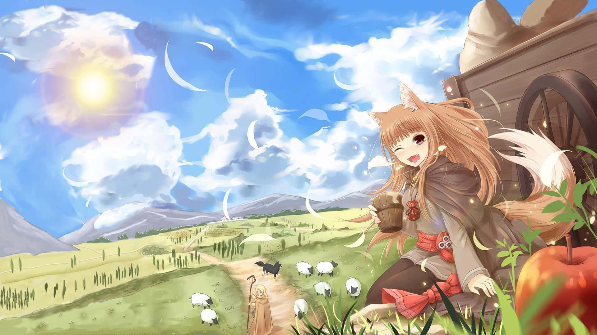 A Girl Is Sitting On A Hill With A Wagon Background