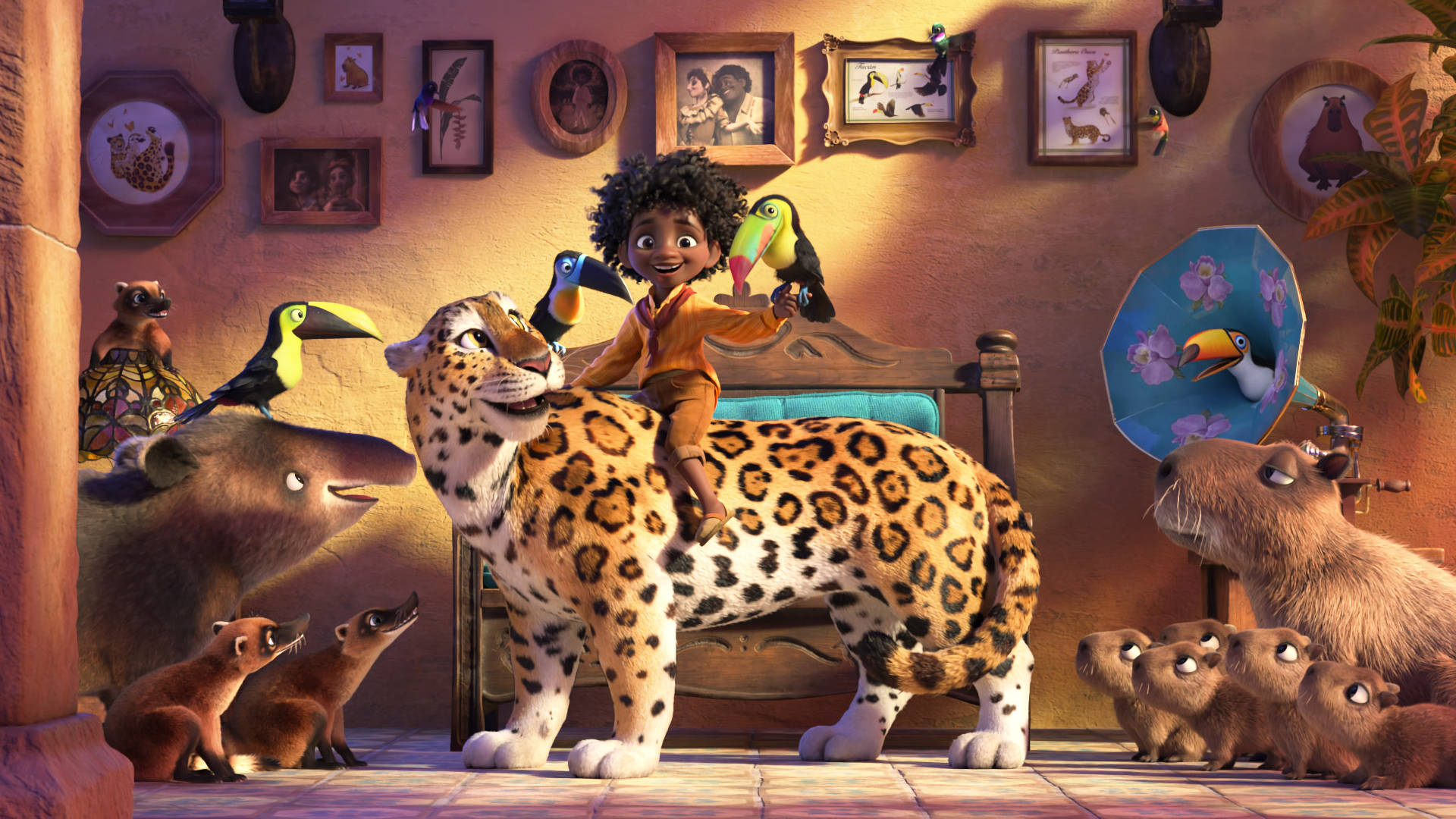 A Girl Is Sitting On A Leopard With Other Animals Background