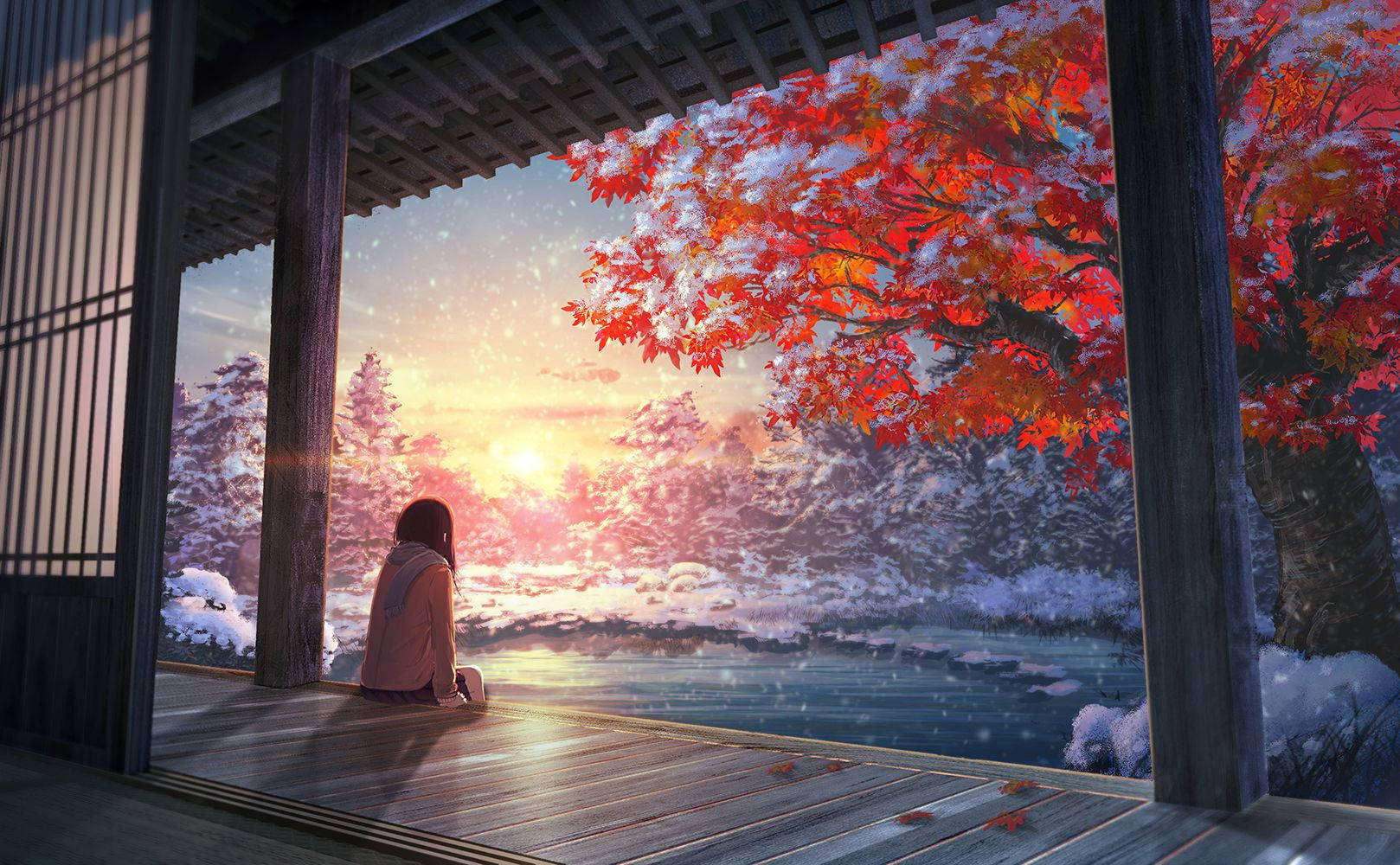 A Girl Is Sitting On A Porch Looking Out At The Snow