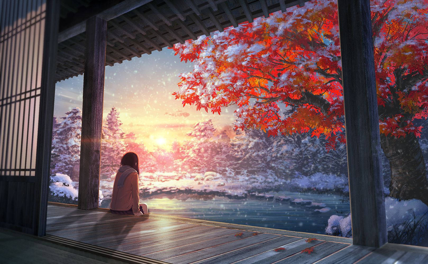 A Girl Is Sitting On A Porch Looking Out At The Snow Background