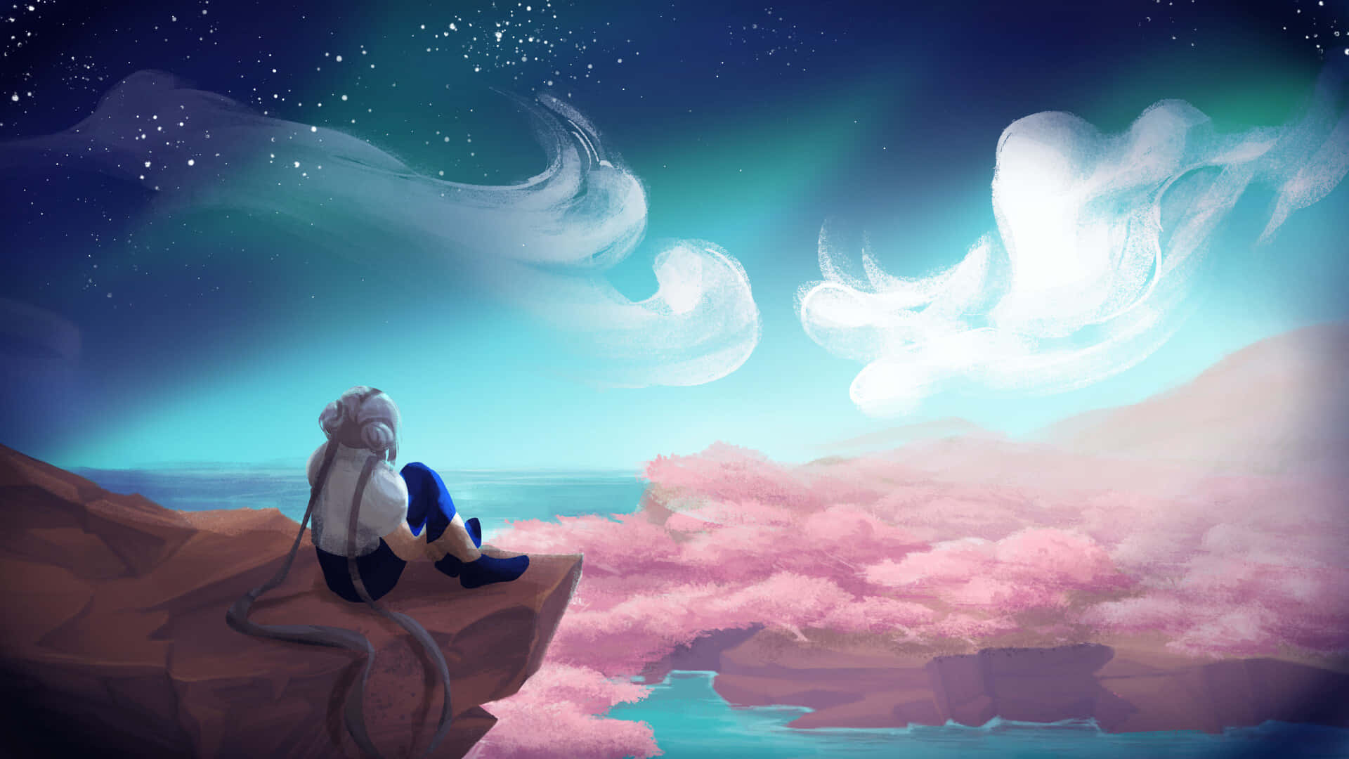A Girl Is Sitting On A Rock Looking At The Sky Background