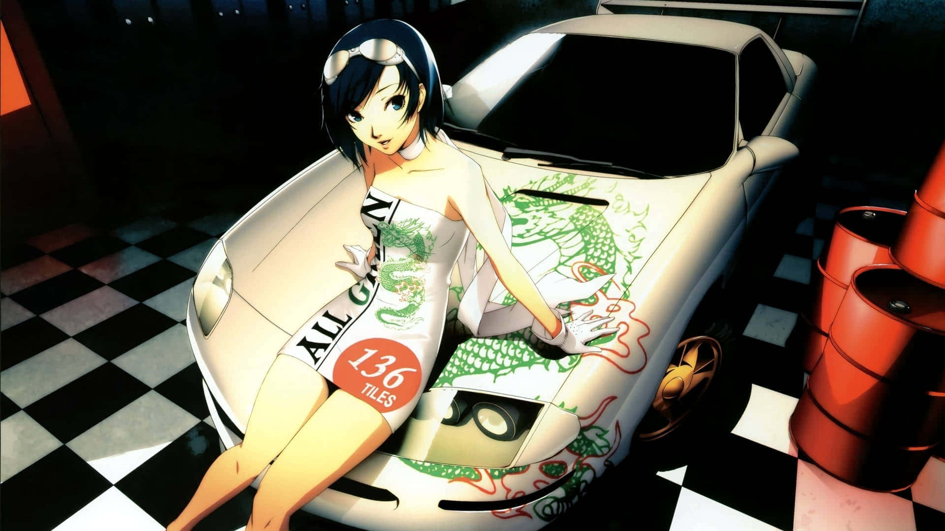 A Girl Is Sitting On A White Car With A Checkered Background Background