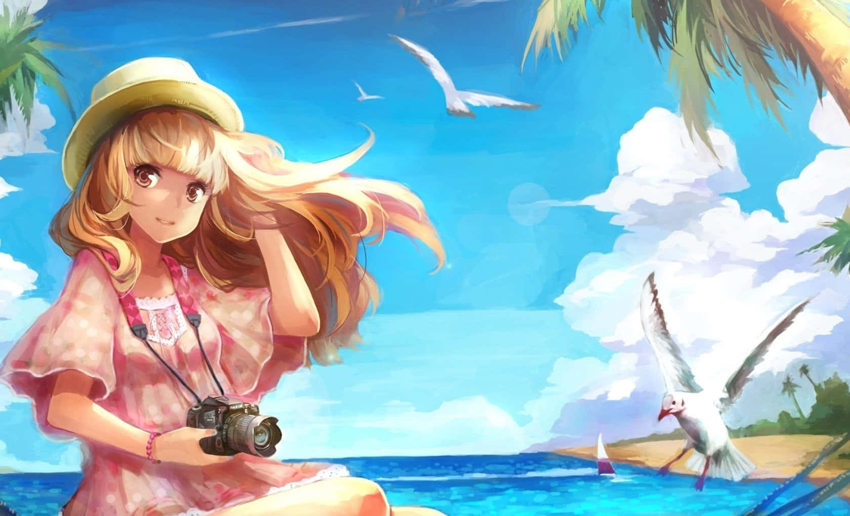 A Girl Is Sitting On The Beach With A Camera