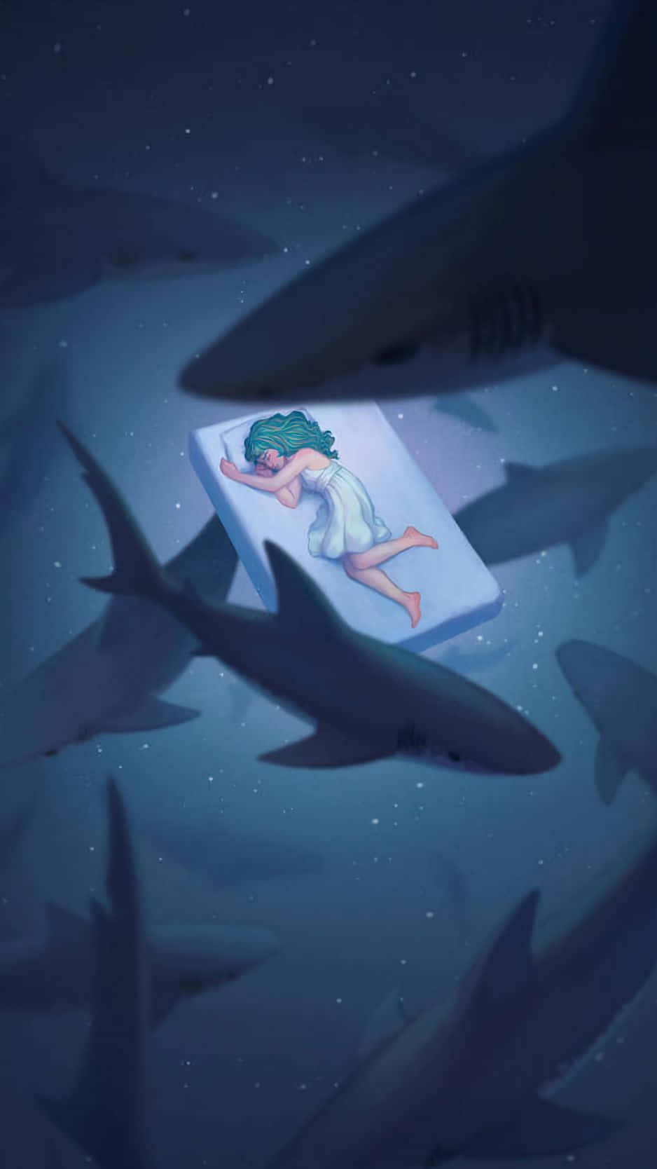 A Girl Is Sleeping In The Ocean With Sharks Around Her Background