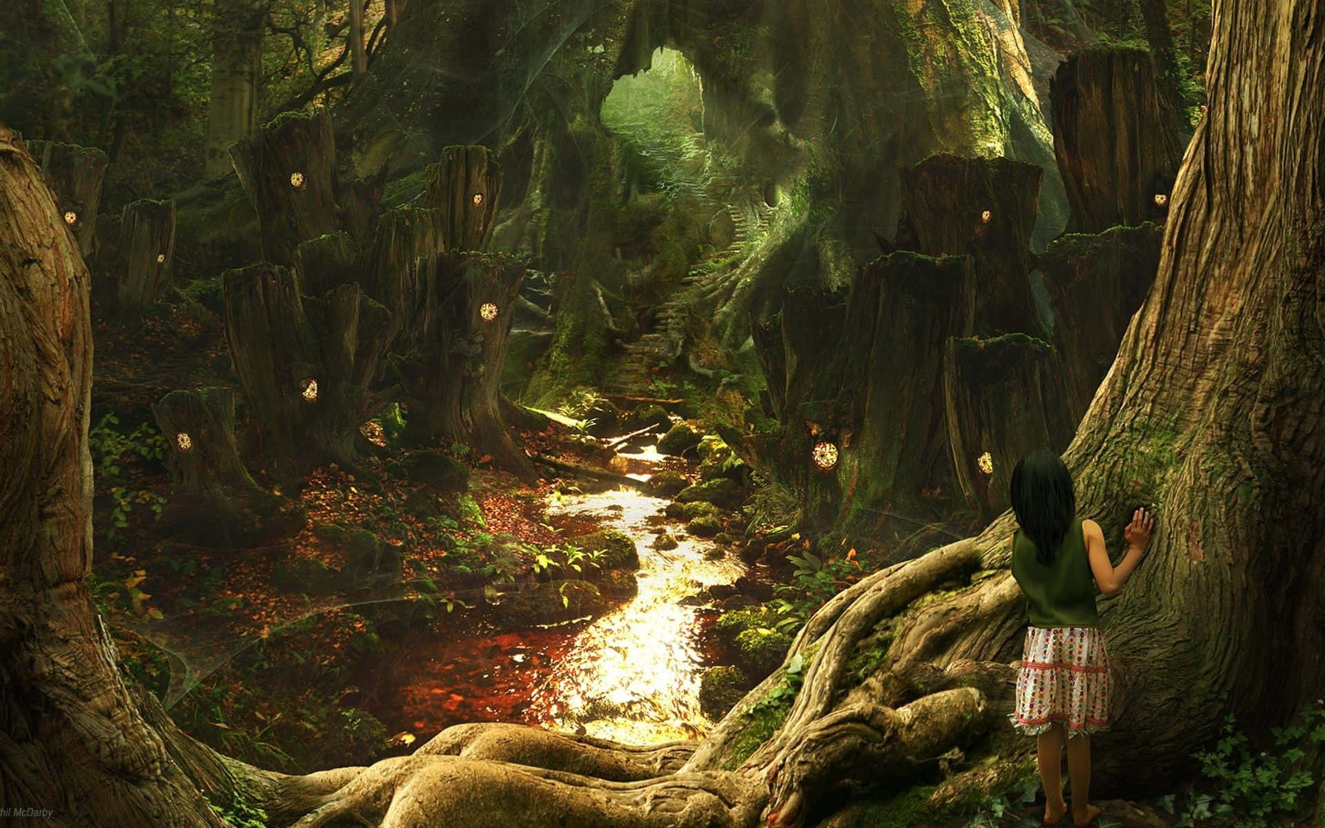 A Girl Is Standing In A Forest Background