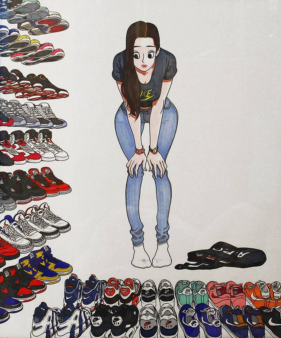 A Girl Is Standing In Front Of A Lot Of Shoes