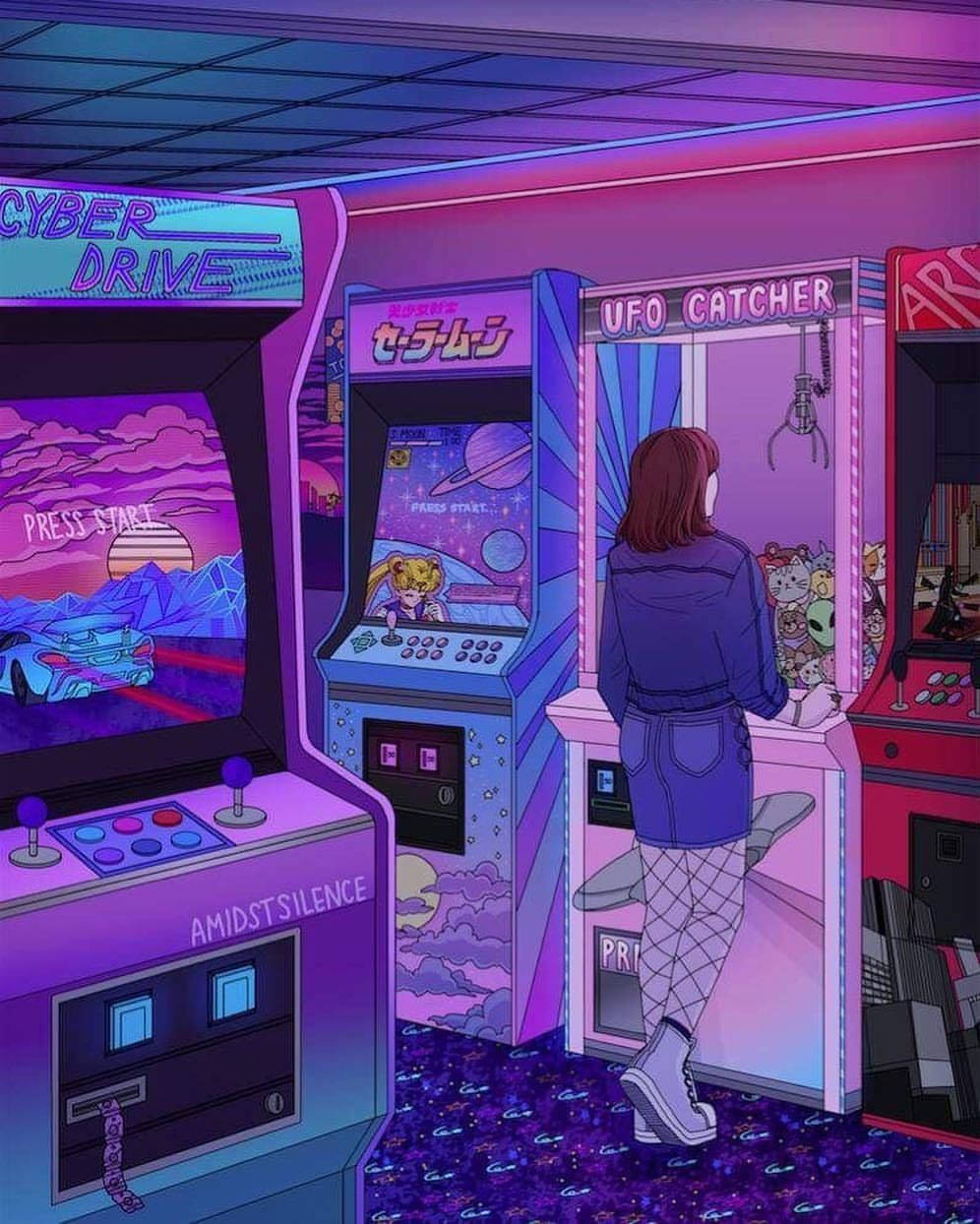 A Girl Is Standing In Front Of A Video Game Machine Background