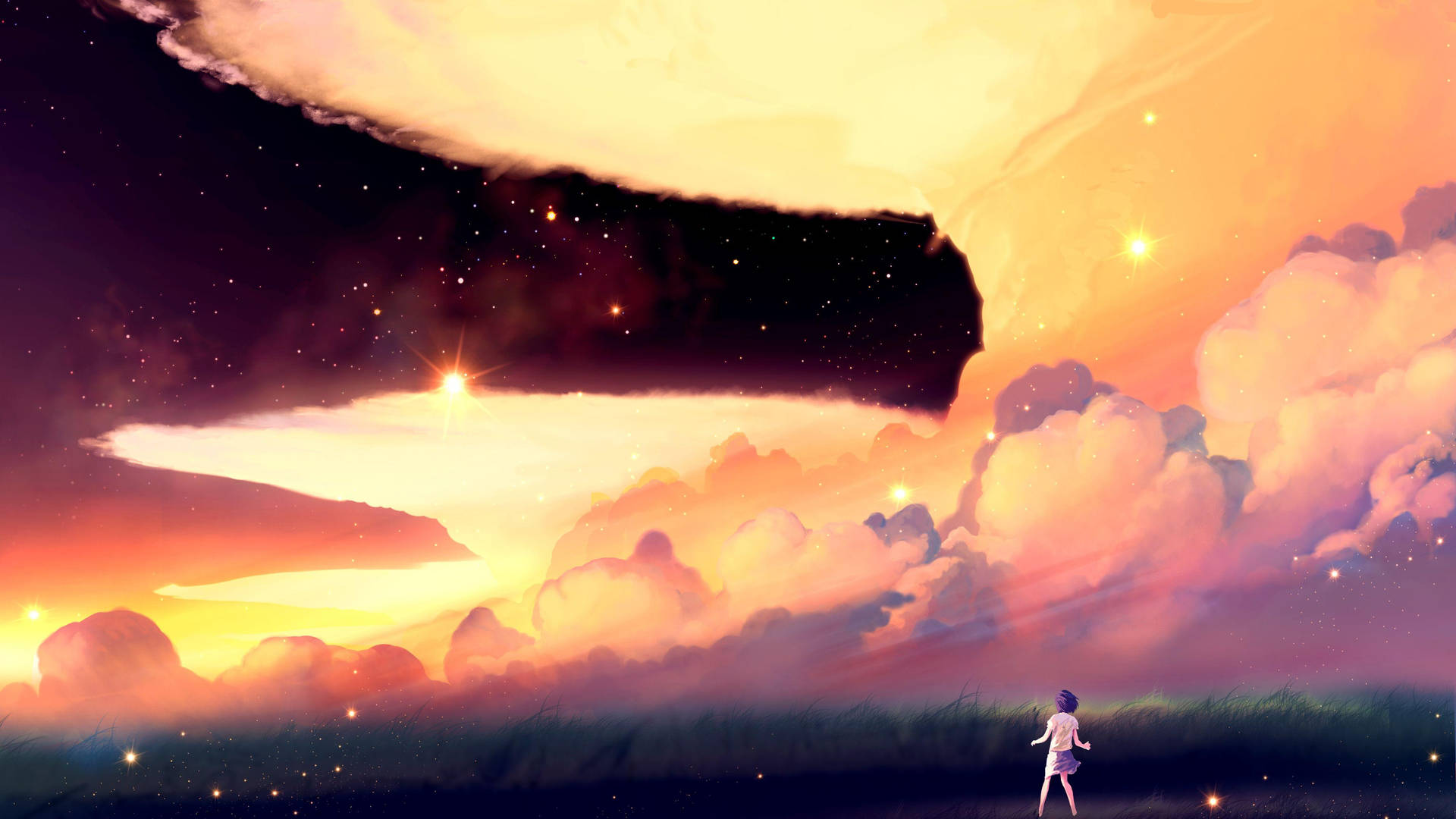 A Girl Is Standing In The Field Looking At The Sky