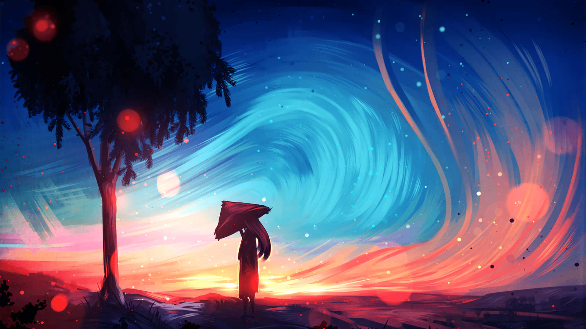 A Girl Is Standing In The Middle Of A Field With A Tree Background