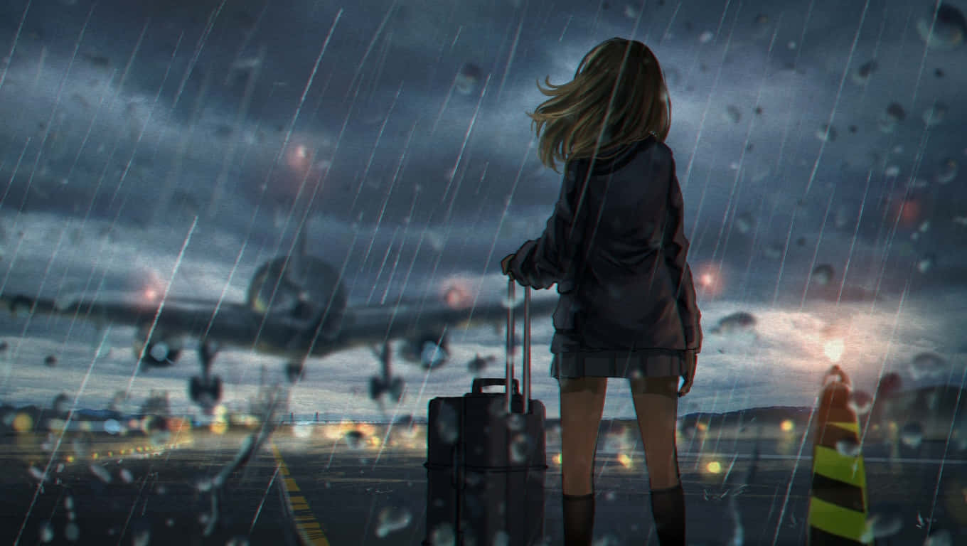 A Girl Is Standing In The Rain Background