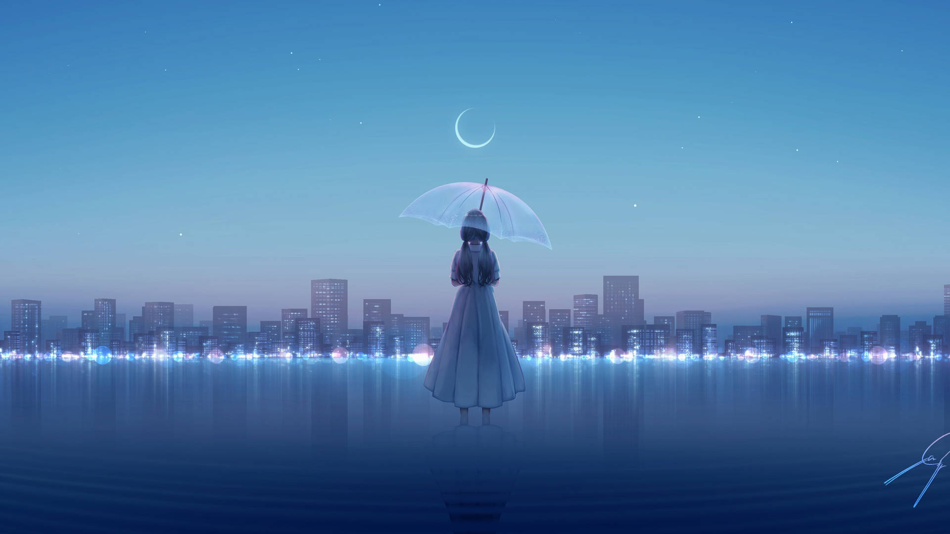 A Girl Is Standing In The Water With An Umbrella Background