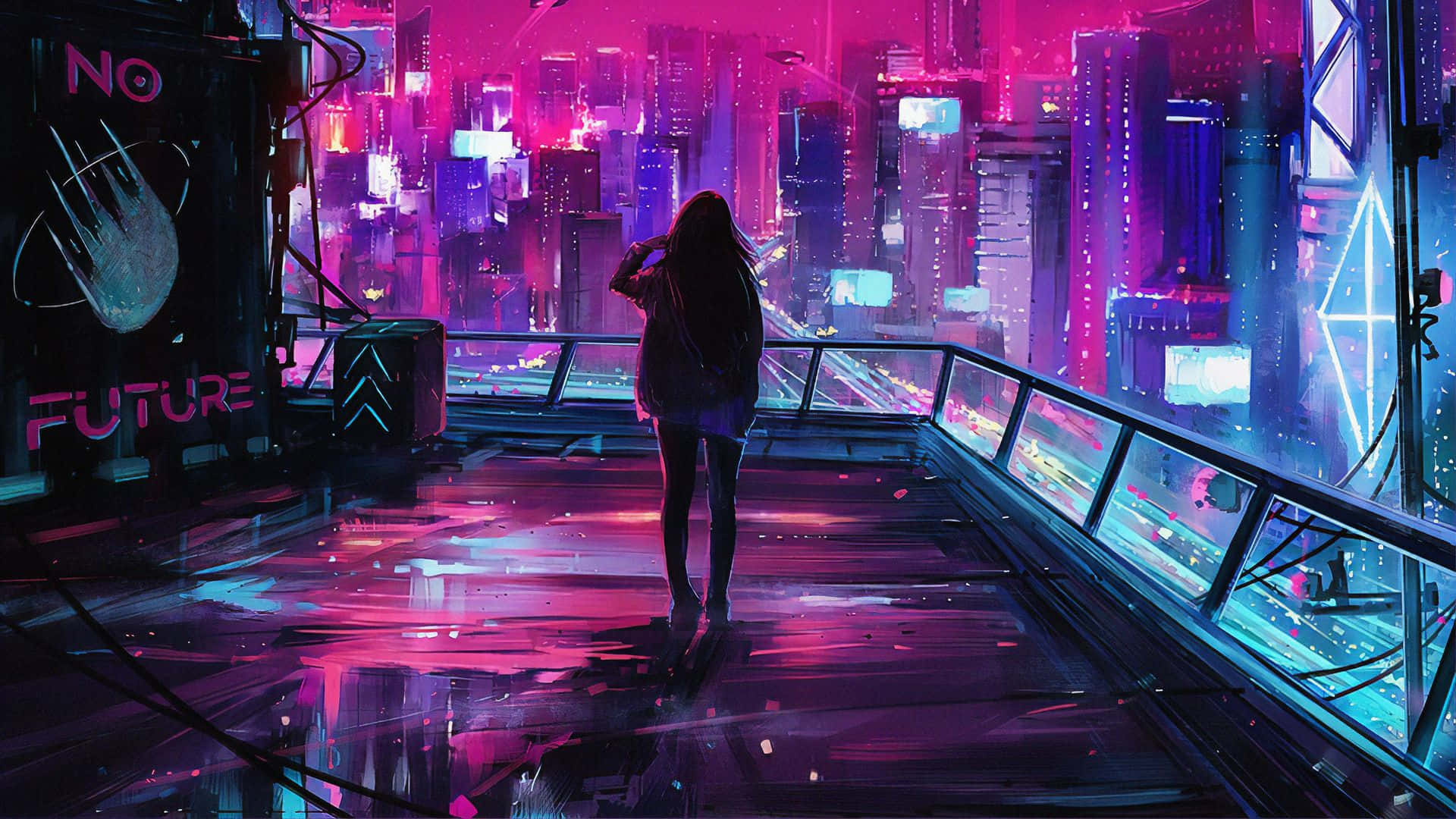 A Girl Is Standing On A Bridge Looking At The City Background