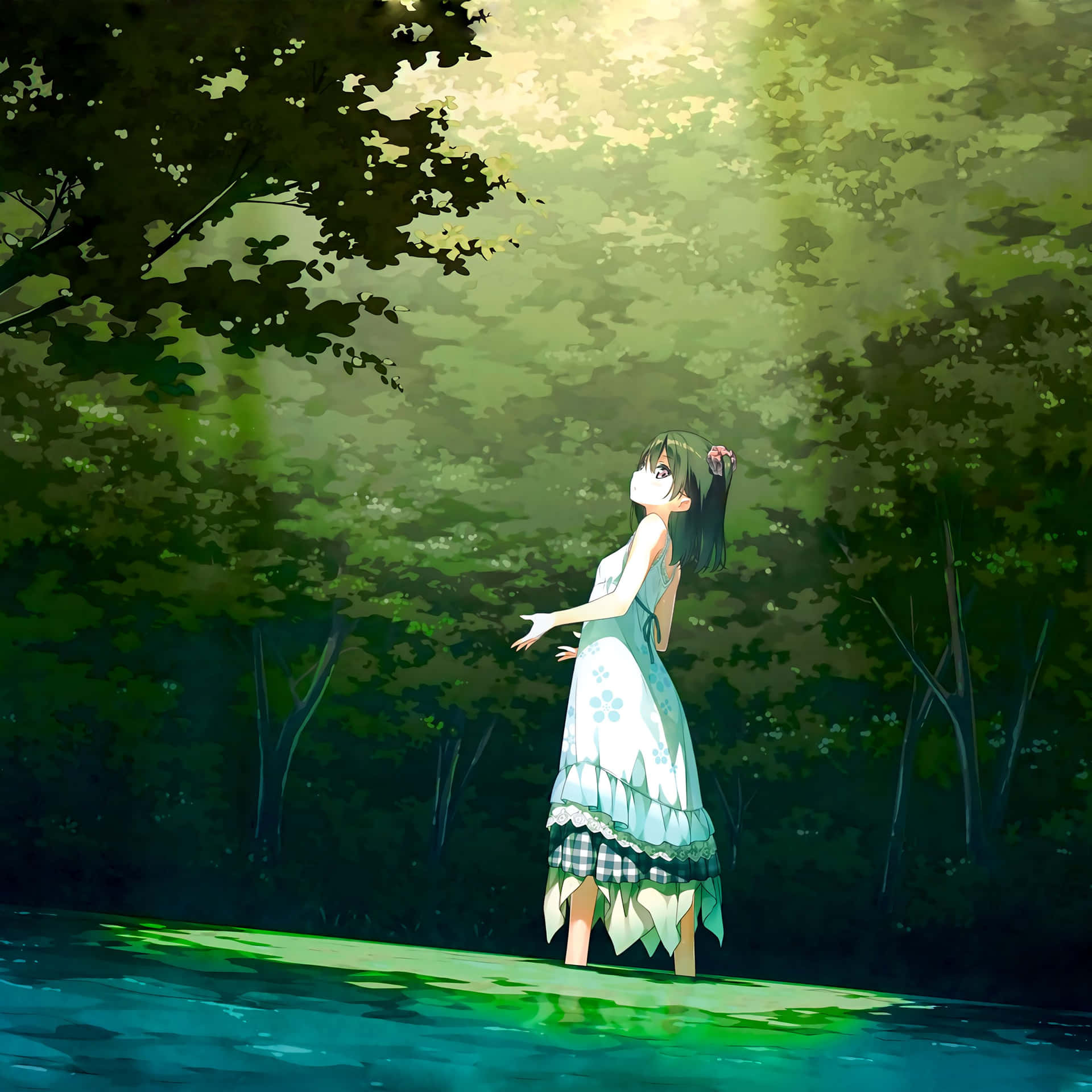 A Girl Is Standing On A Floating Platform In The Water Background