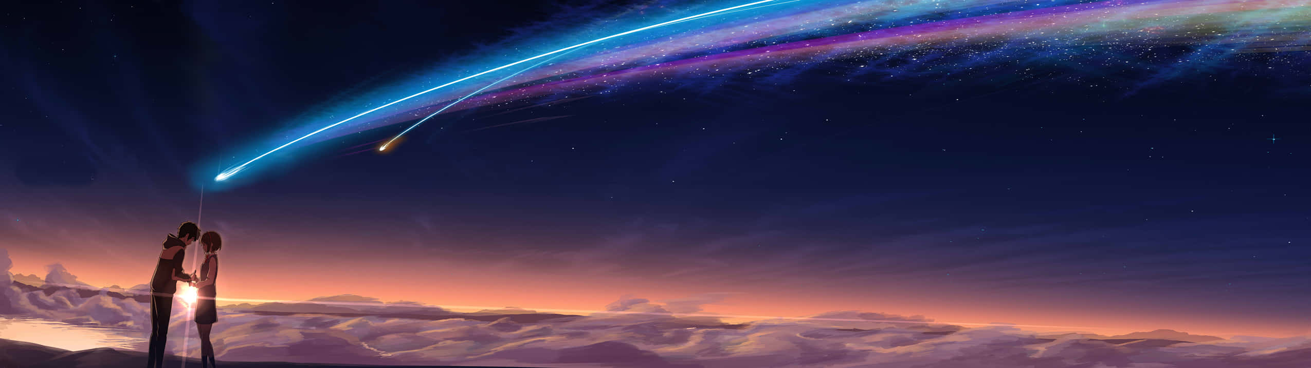 A Girl Is Standing On A Hill With A Rainbow In The Sky Background