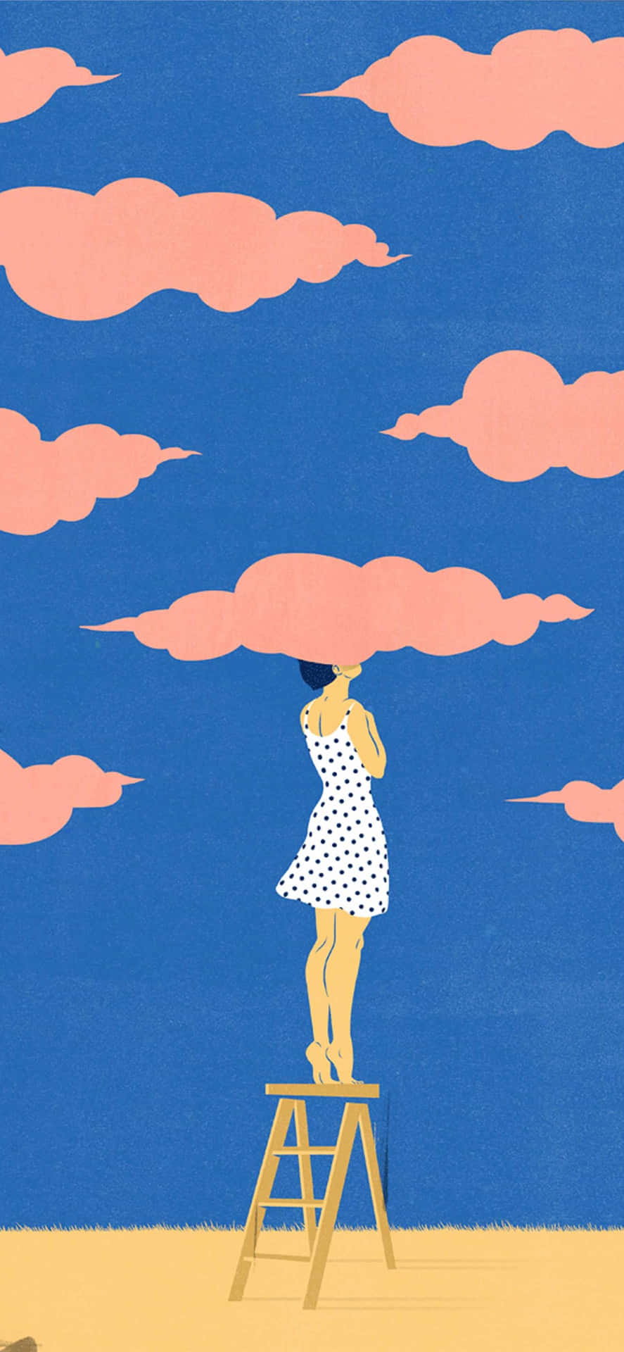 A Girl Is Standing On A Ladder In The Sky Background