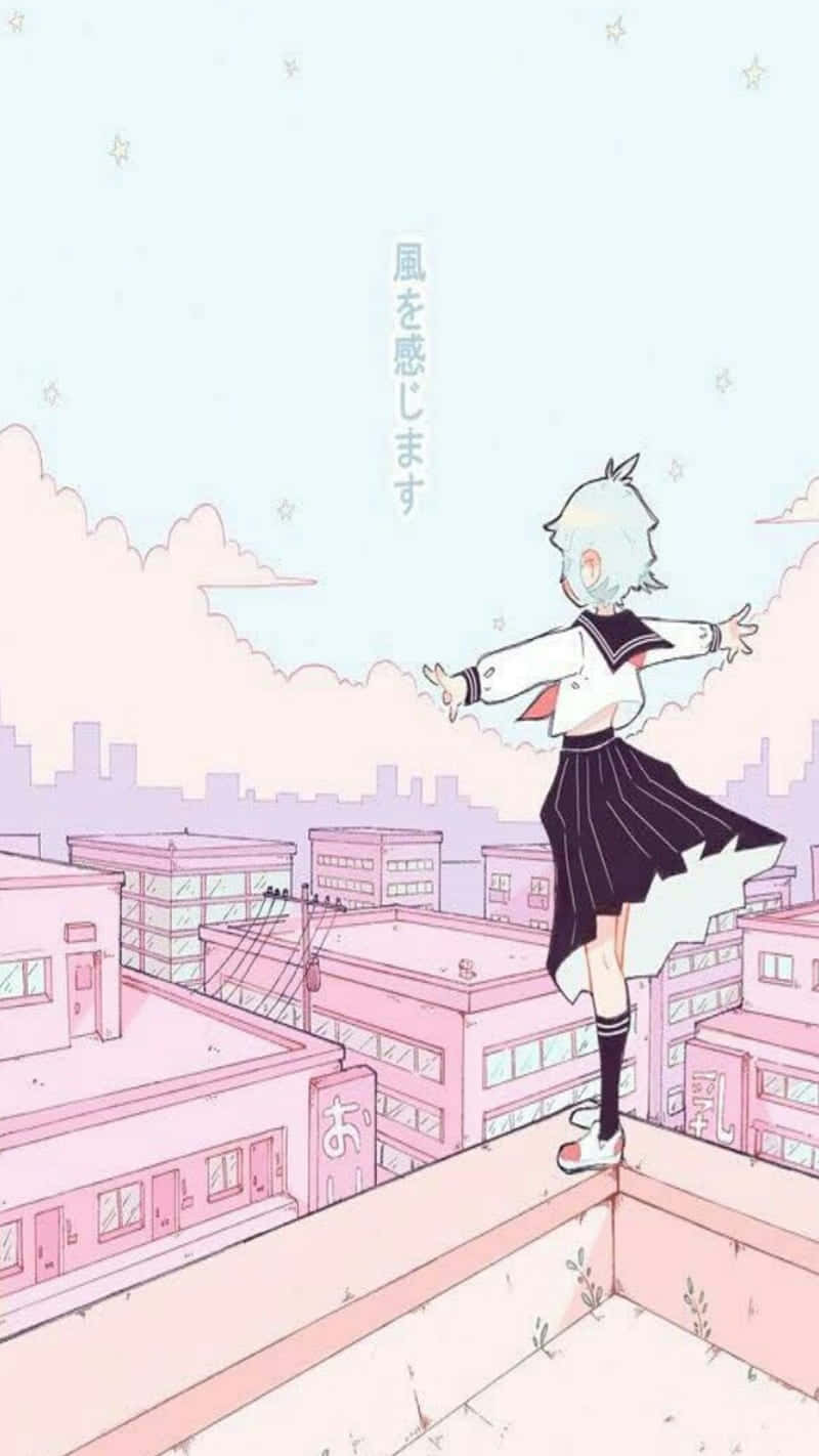 A Girl Is Standing On A Rooftop With A Pink Sky Background