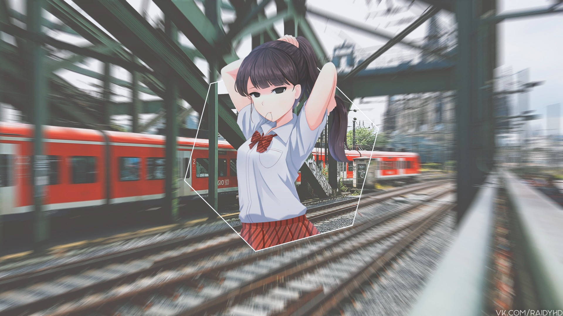 A Girl Is Standing On A Train Track Background