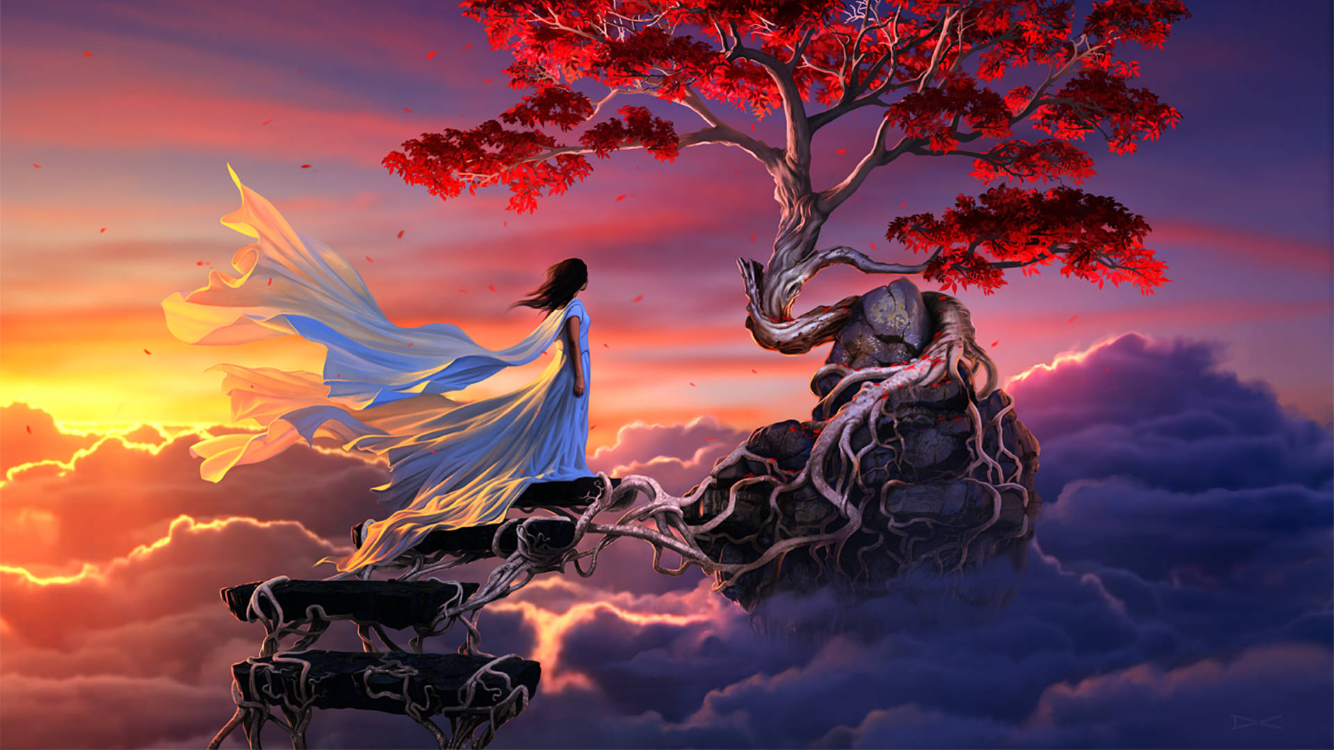 A Girl Is Standing On A Tree In The Clouds Background