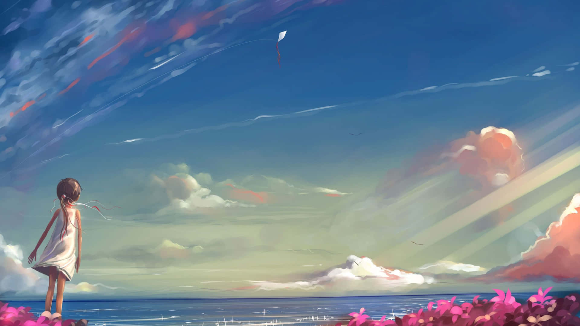 A Girl Is Standing On The Beach Looking At The Sky Background