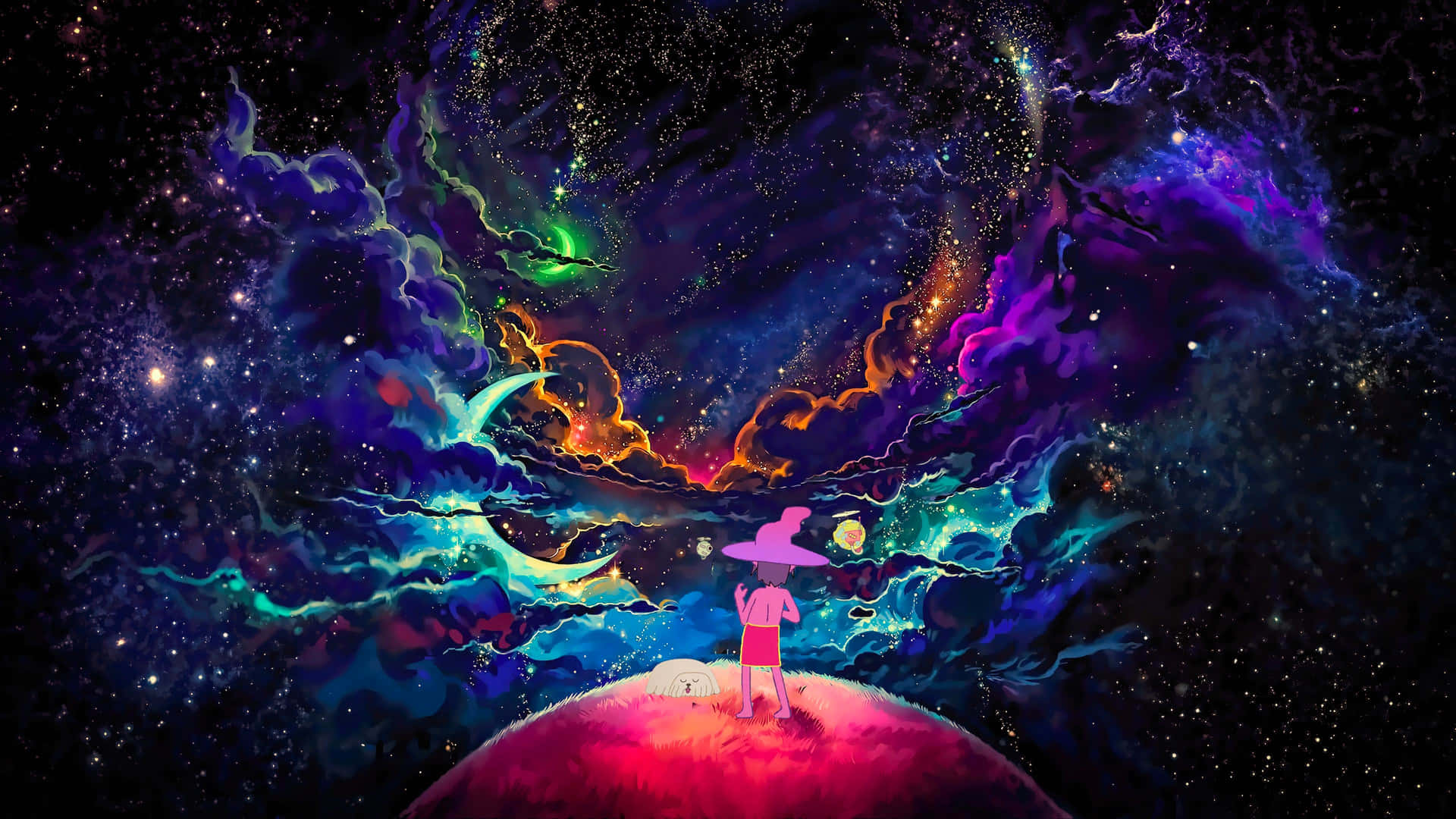 A Girl Is Standing On Top Of A Planet With Colorful Lights Background