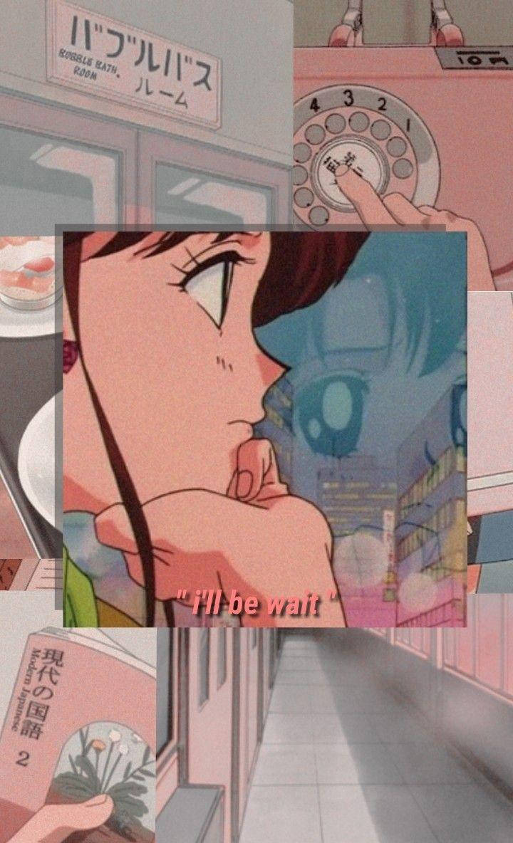 A Girl Is Talking To A Phone In An Anime Background