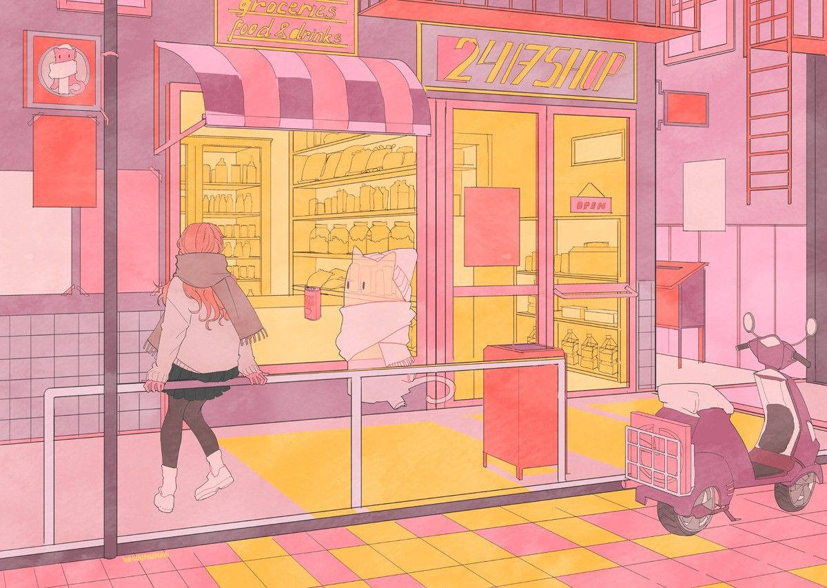 A Girl Is Walking Down The Street Near A Pink Store Background