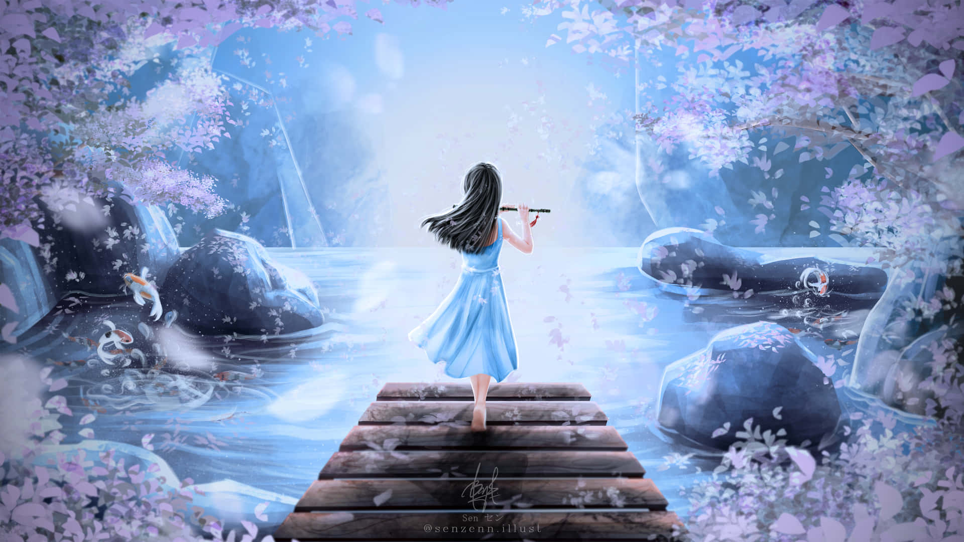 A Girl Is Walking On A Bridge Over A Lake Background