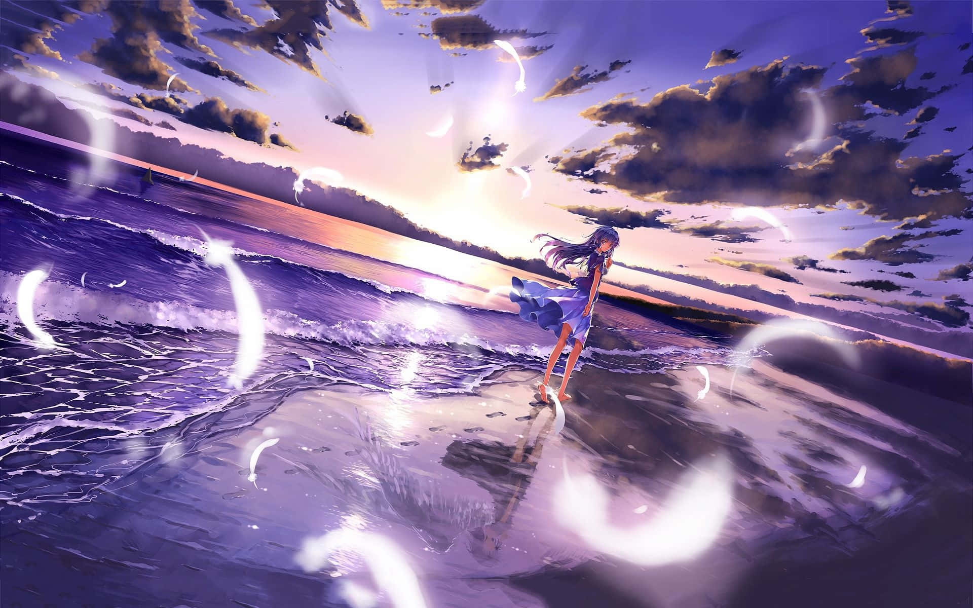 A Girl Is Walking On The Beach At Sunset Background