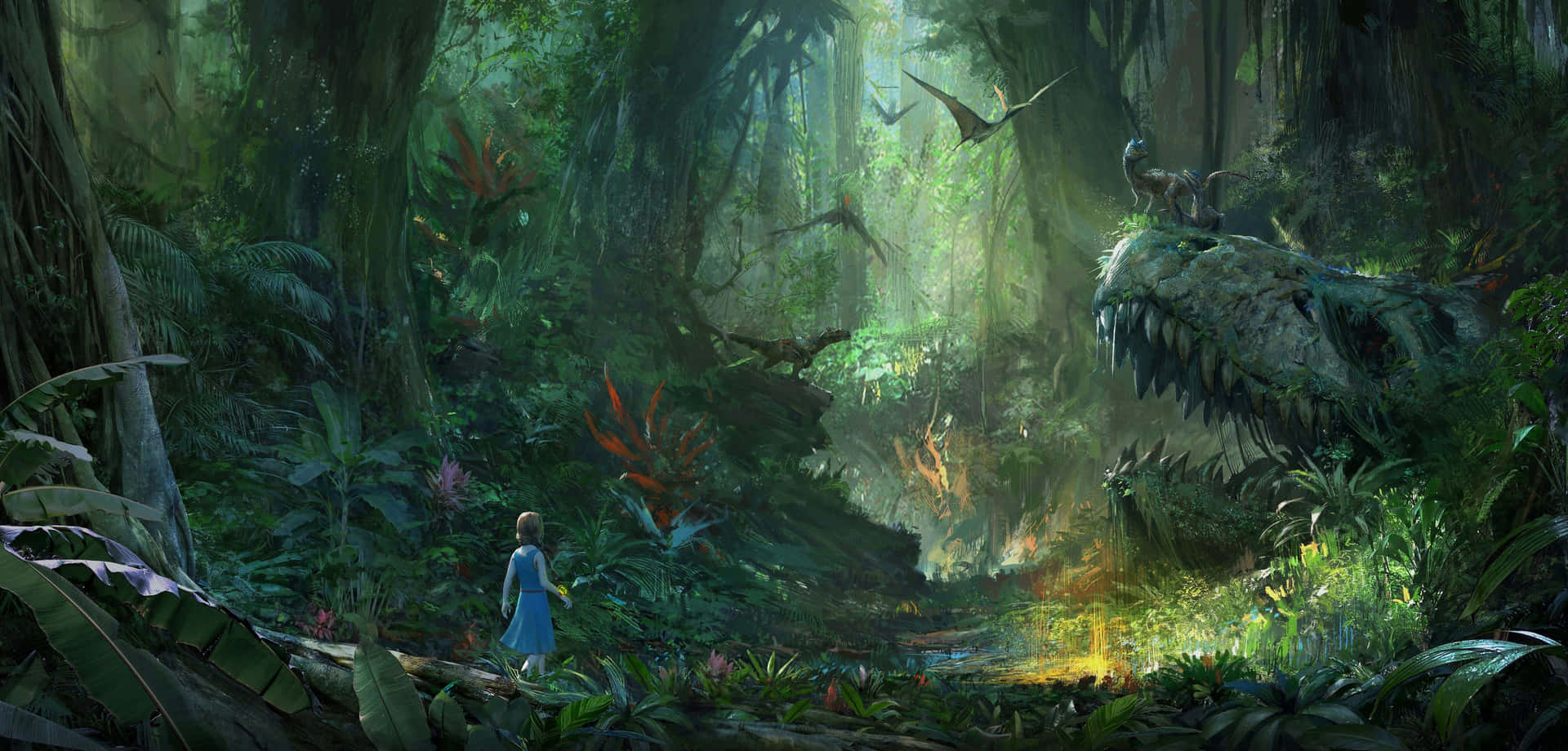 A Girl Is Walking Through A Jungle With Dinosaurs Background