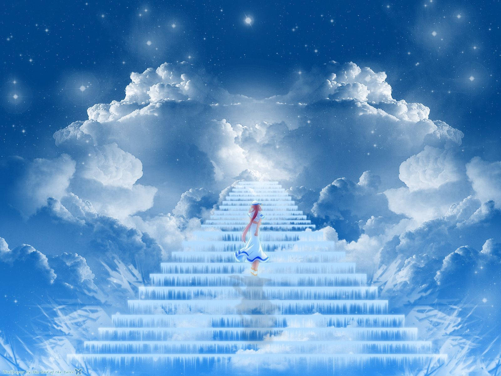 A Girl Is Walking Up A Stairway In The Sky Background