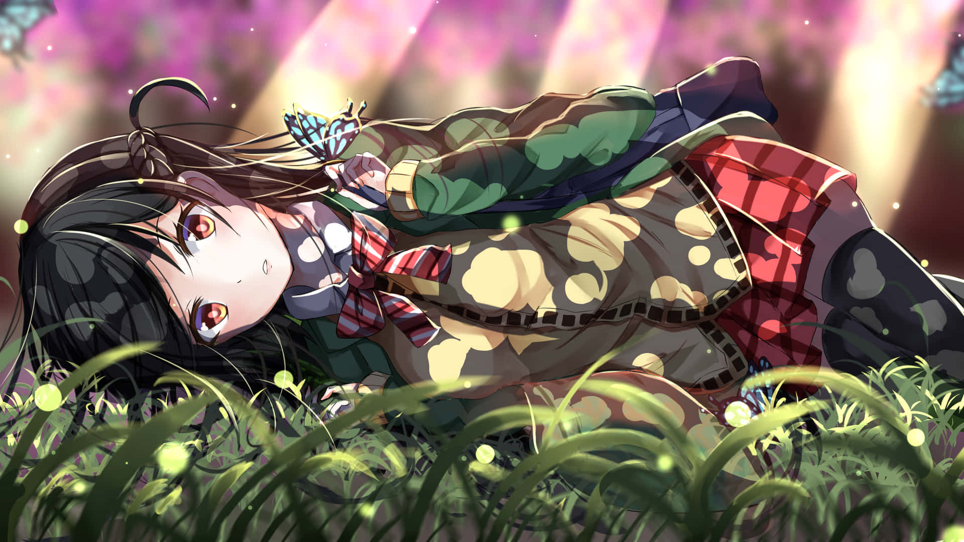 A Girl Laying In The Grass With A Purple Light Behind Her Background