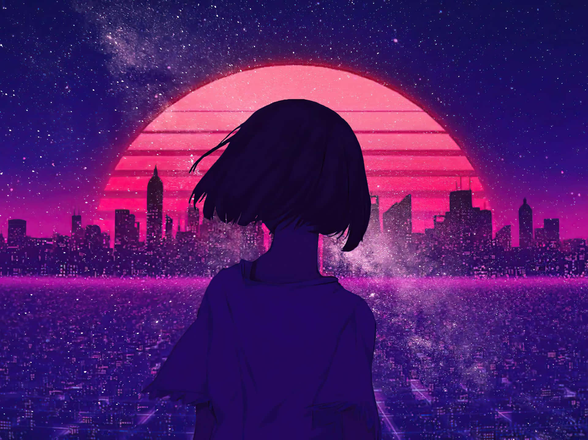 A Girl Looking At The City At Sunset