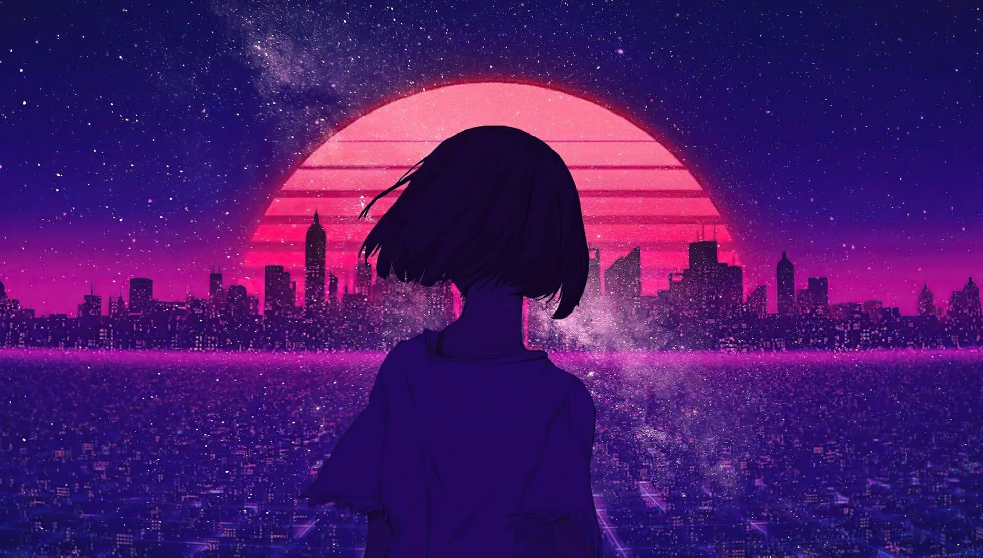 A Girl Looking At The City With A Pink Sunset Background