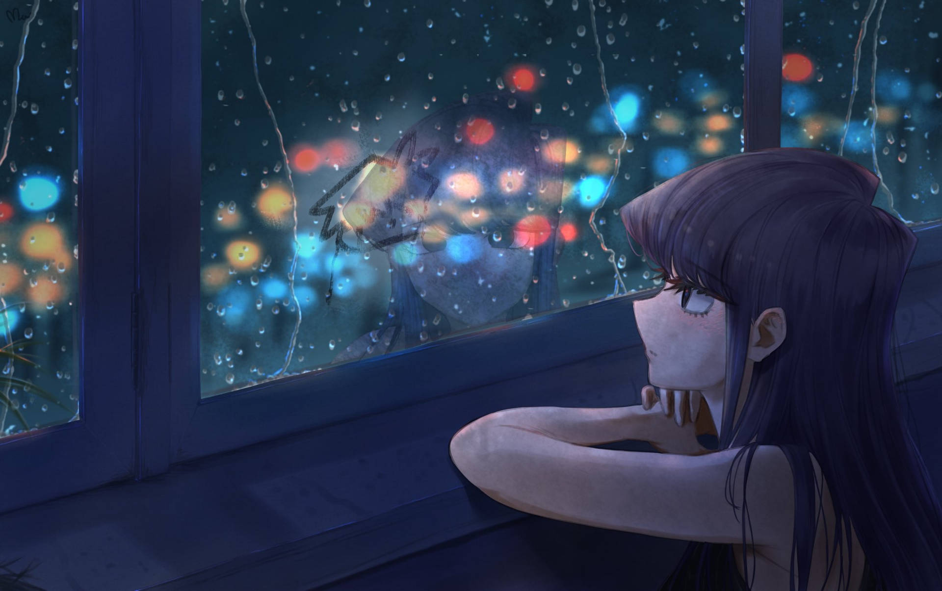 A Girl Looking Out A Window At The City Lights Background