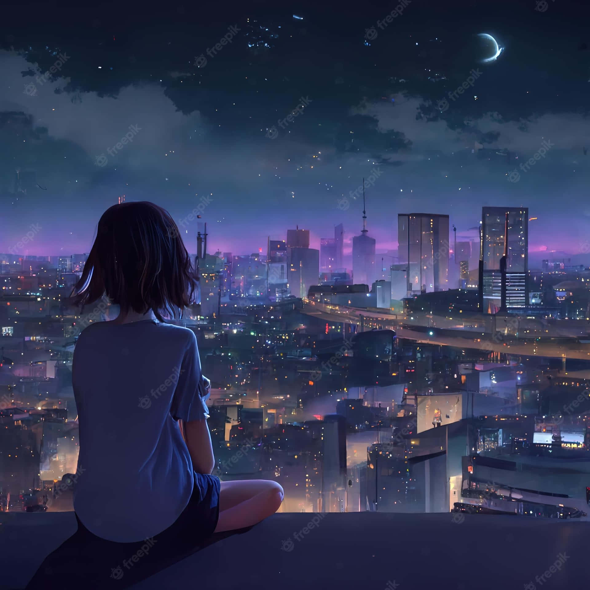 A Girl Looking Out Over The City At Night Background