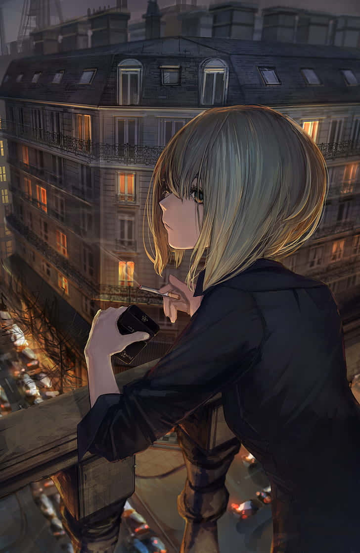 A Girl Looking Out Over The City At Night