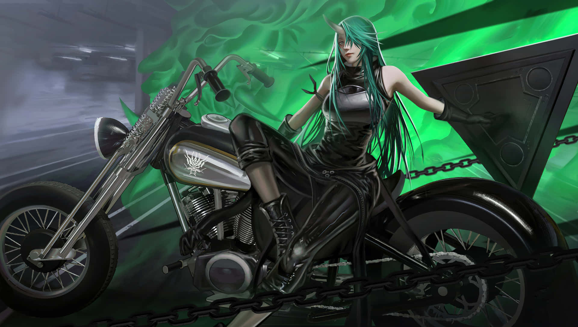 A Girl On A Motorcycle With Green Hair Background