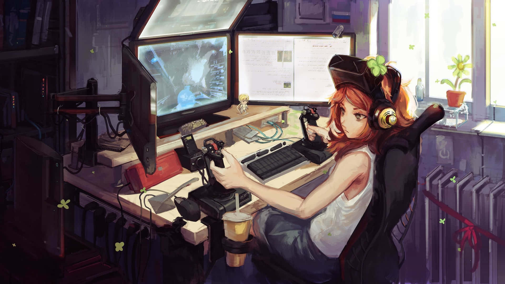 A Girl Sitting At A Desk With A Computer Background