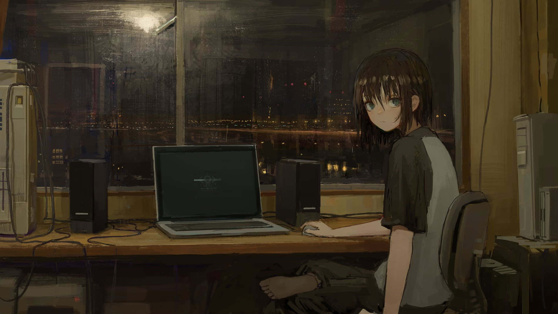 A Girl Sitting At A Desk With A Laptop Background