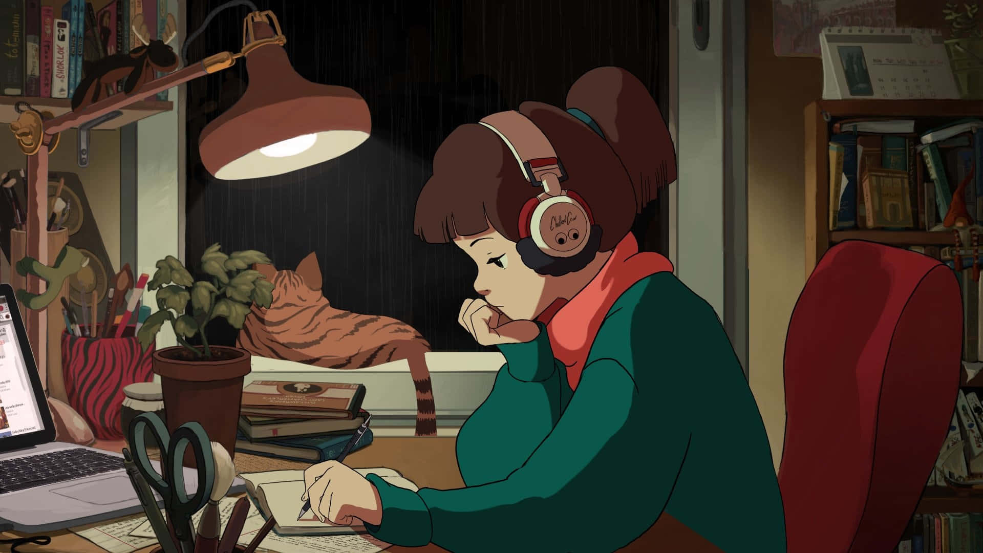 A Girl Sitting At A Desk With Headphones On And A Cat Background