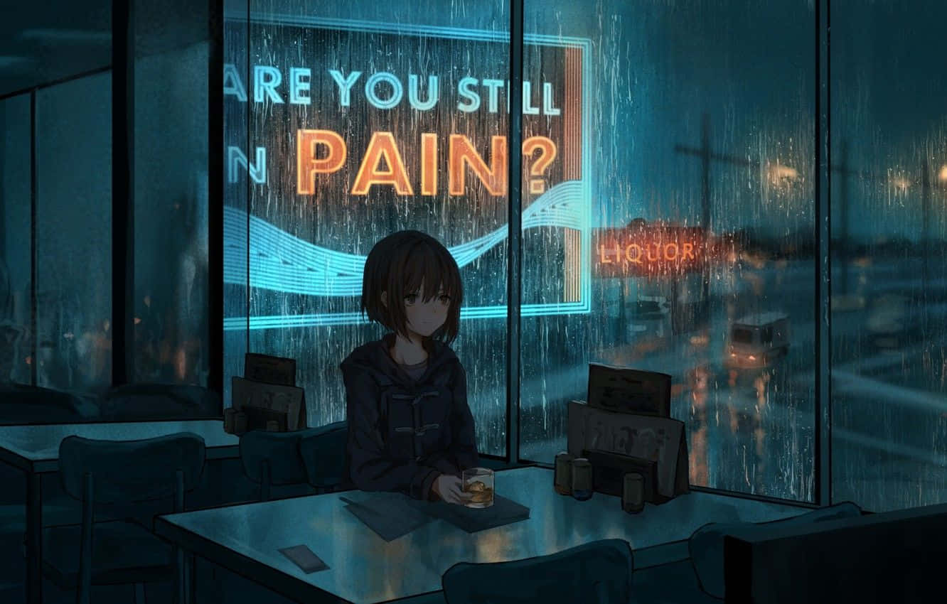 A Girl Sitting At A Table In A Rainy Night Background
