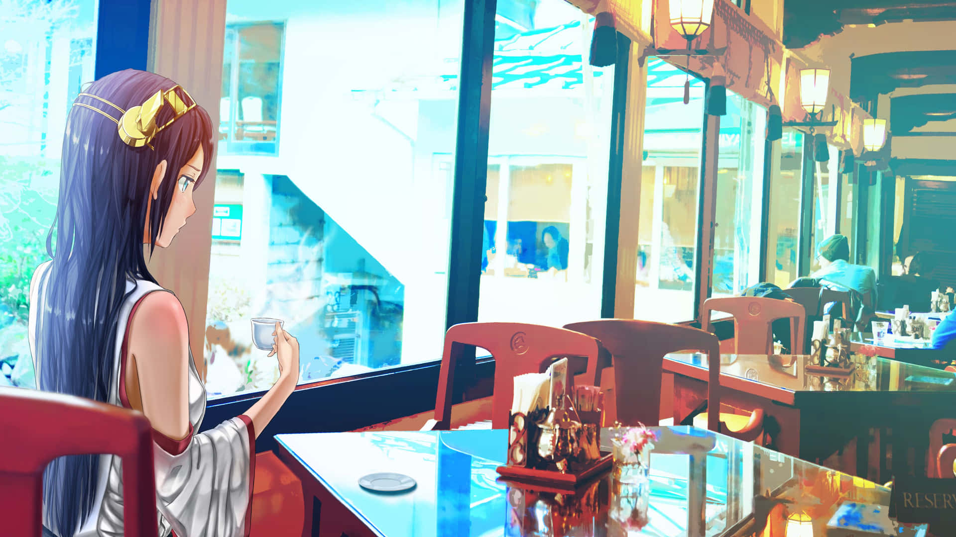 A Girl Sitting At A Table In A Restaurant Background