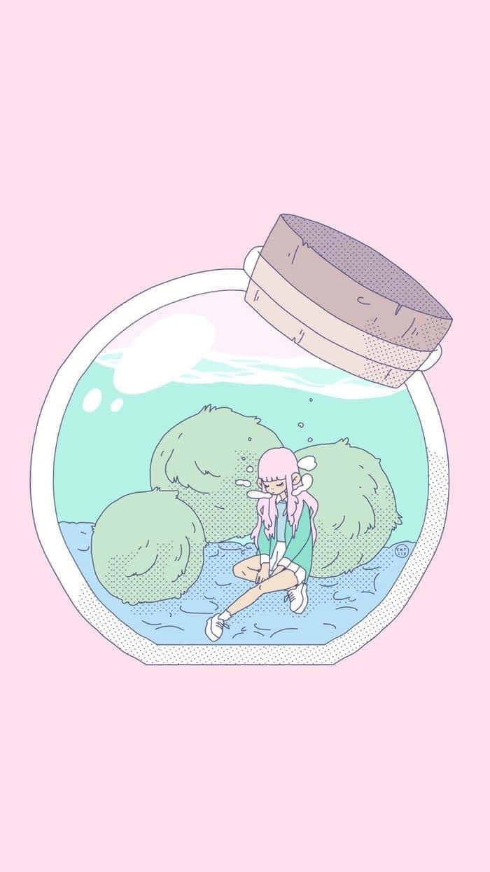 A Girl Sitting In A Jar With A Pink Flower Background