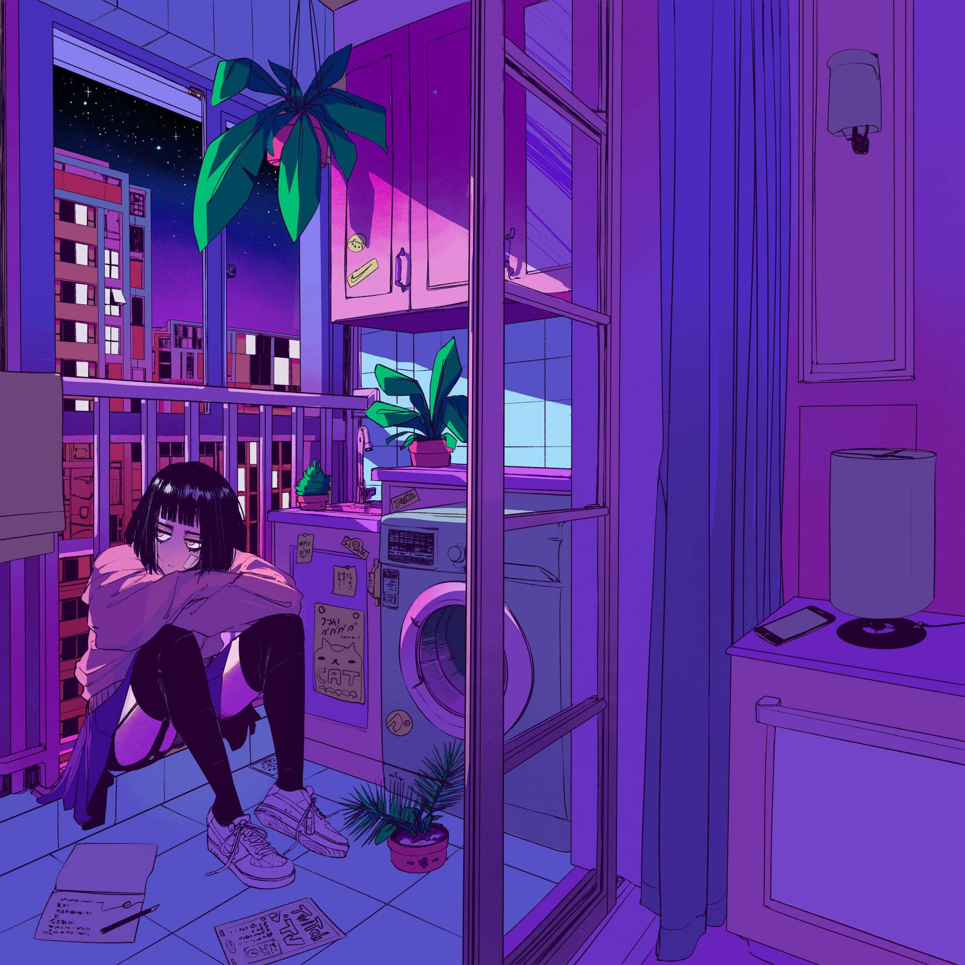 A Girl Sitting In A Room With A Purple Wall Background