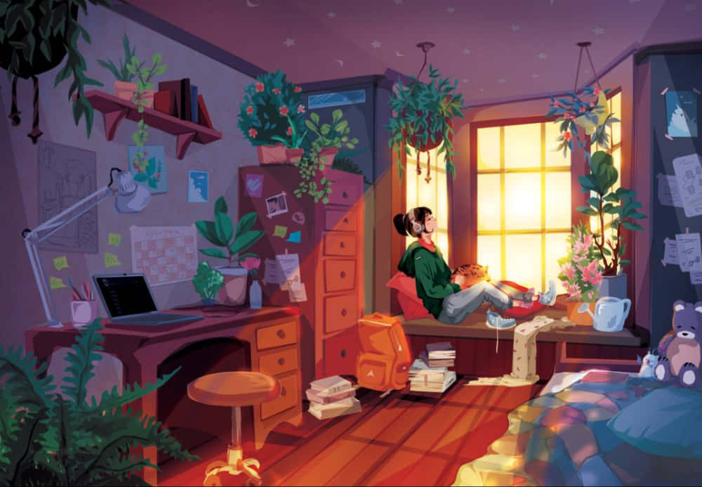 A Girl Sitting In A Room With Plants And Books Background