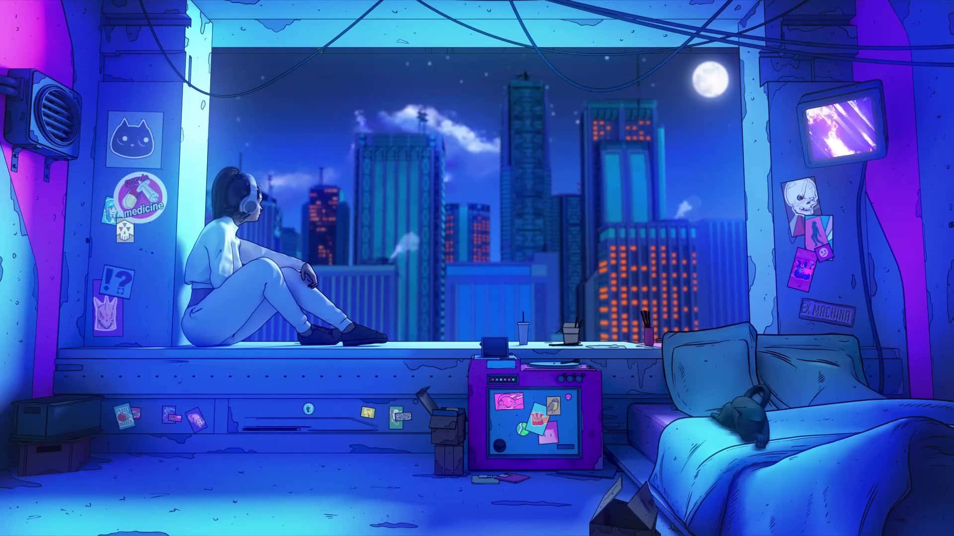 A Girl Sitting In A Window Looking Out At The City Background