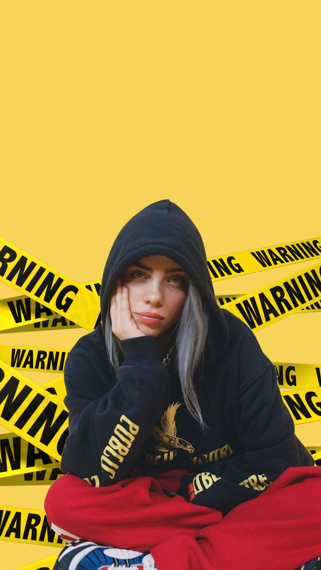 A Girl Sitting In Front Of A Warning Tape Background