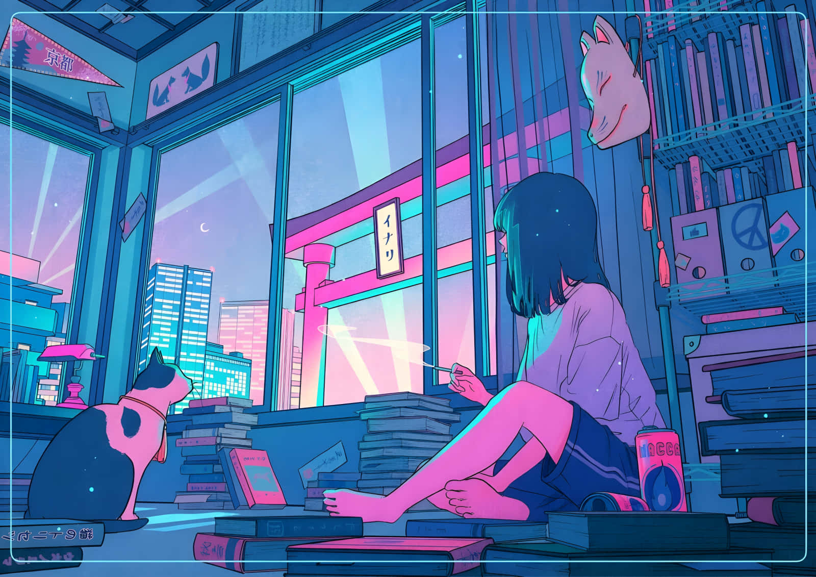 A Girl Sitting In Front Of A Window With A Cat Background