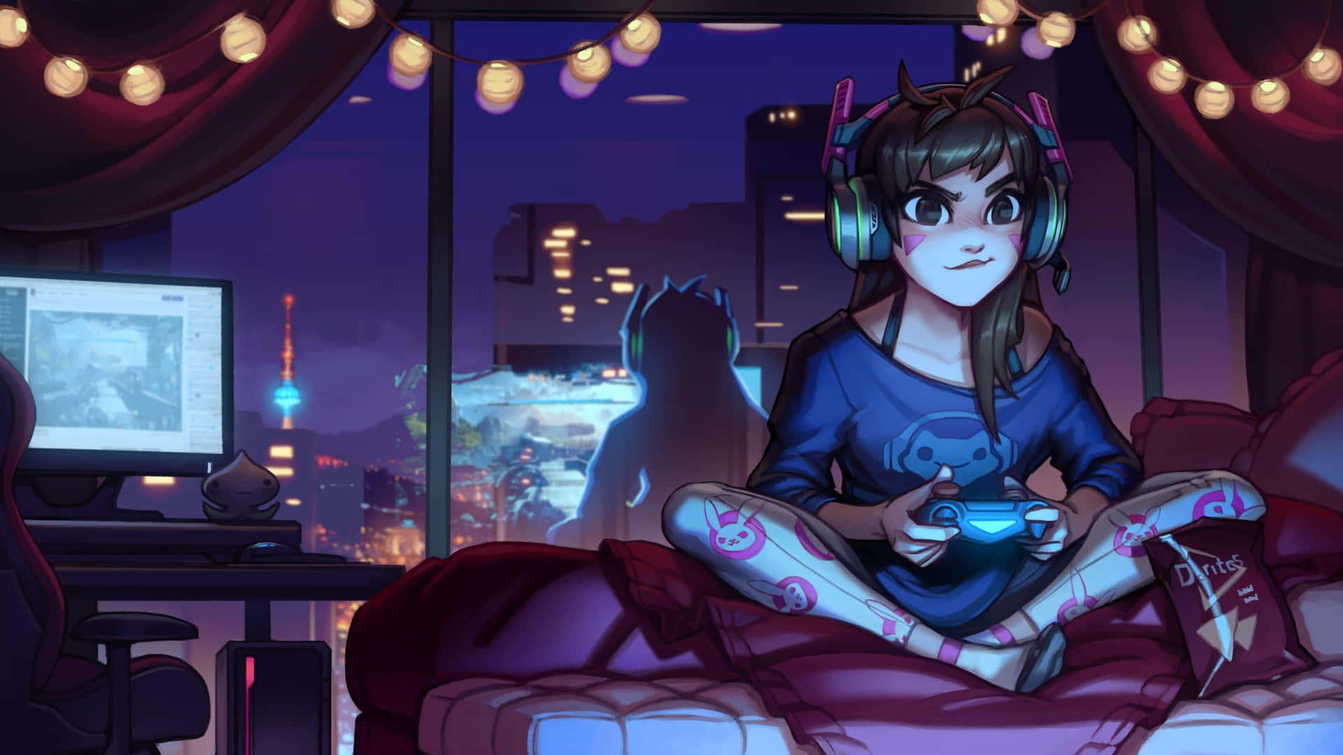 A Girl Sitting On A Bed With A Gaming Controller