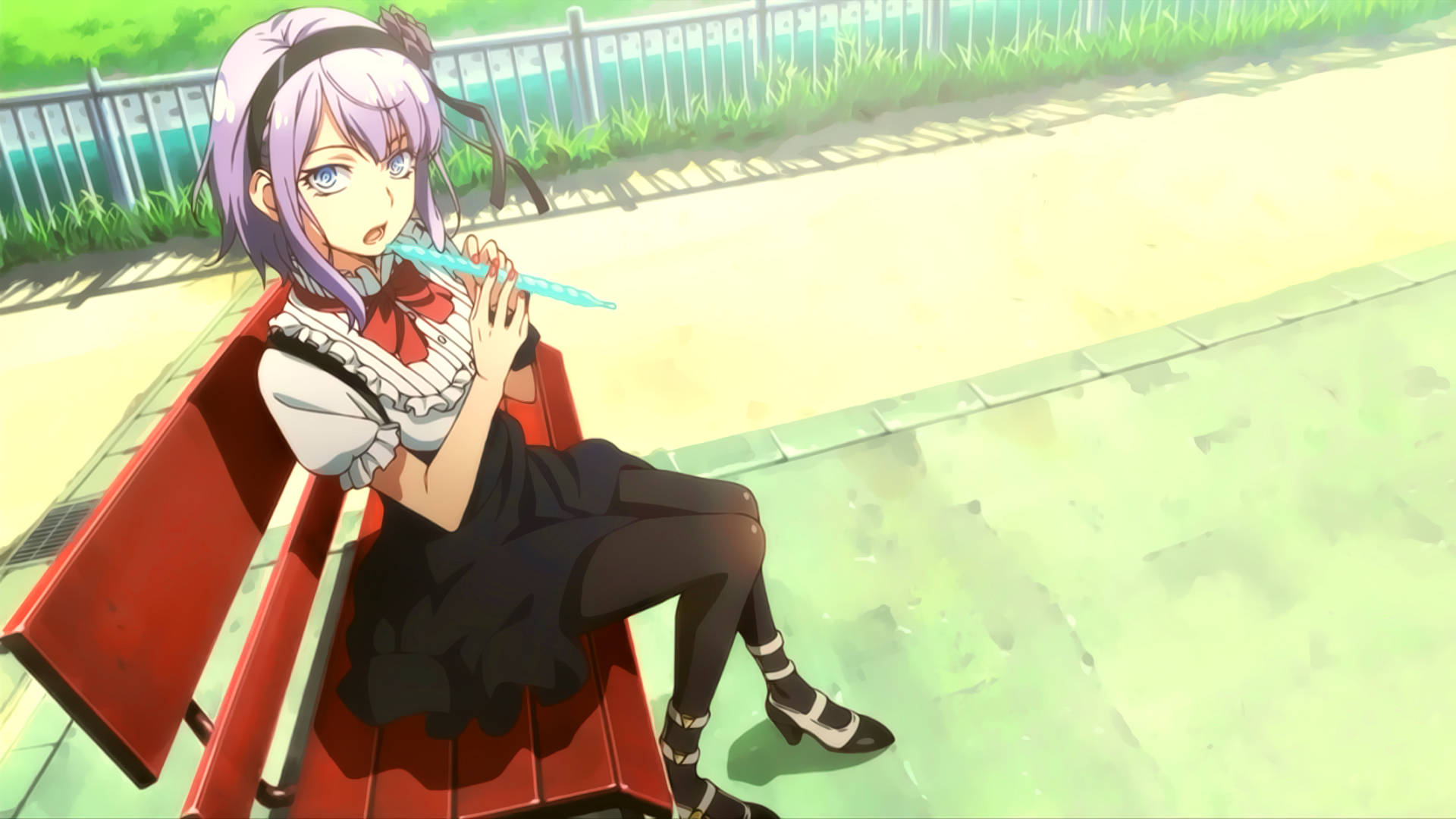 A Girl Sitting On A Bench With A Flute Background